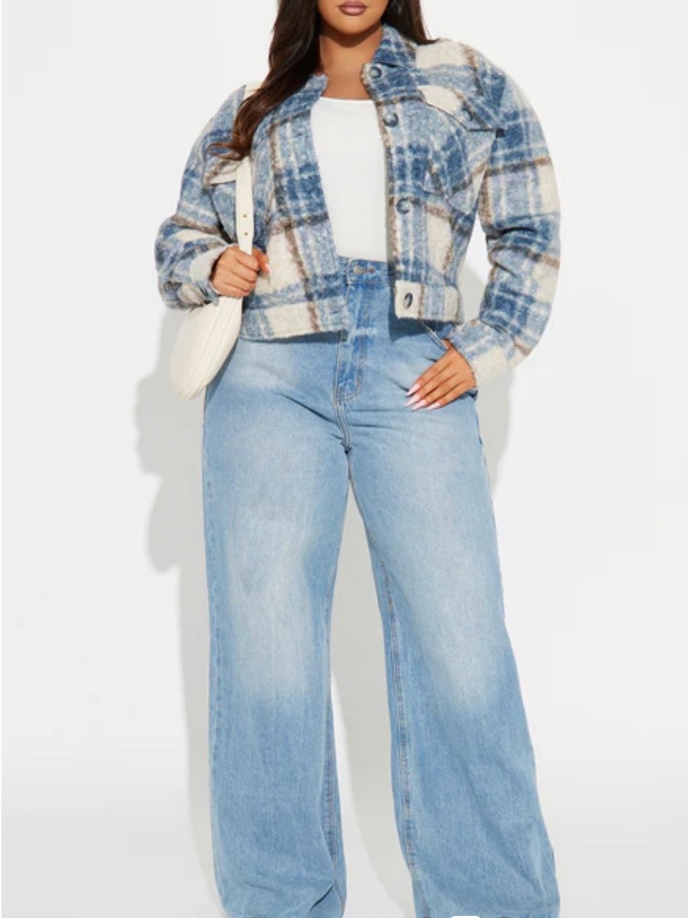 Fashion Nova Blue and Cream Plaid Textured Cropped Jacket